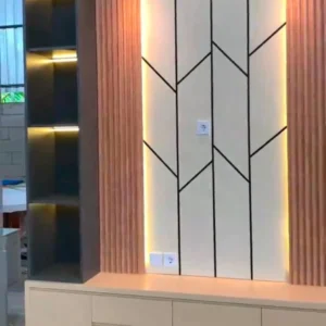 Backdrop TV Custom Panjang 200cm lebar 40cm tinggi 260cm Bahan Blockmin Finishing HPL